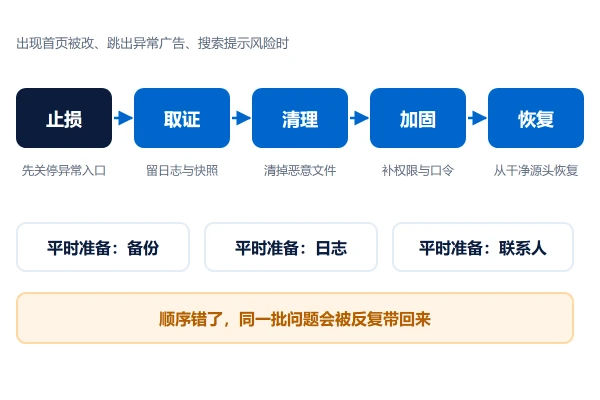 网站被篡改后的处理顺序:先止损、再查因、后恢复